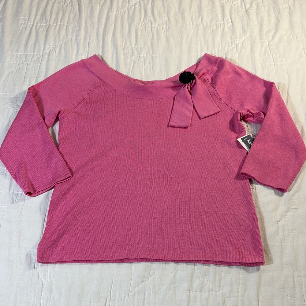 Pink Silk Blend Boat Neck 3/4 Sleeve Kelly and Diane Bow Sweater Size Large NWT